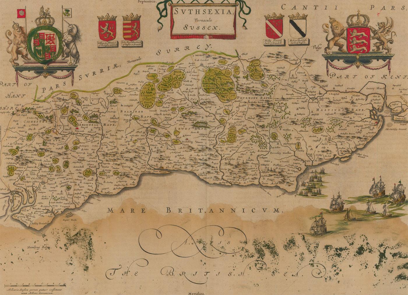 Unknown Landscape Print - 1648 Engraving - Johannes Blaeu's Map of Sussex