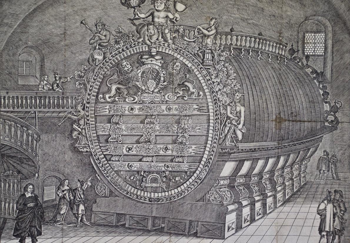 « The Heidelberg Tun : A Framed 17th Century Engraving of a Huge Wine Cask » - Maîtres anciens Print par Unknown