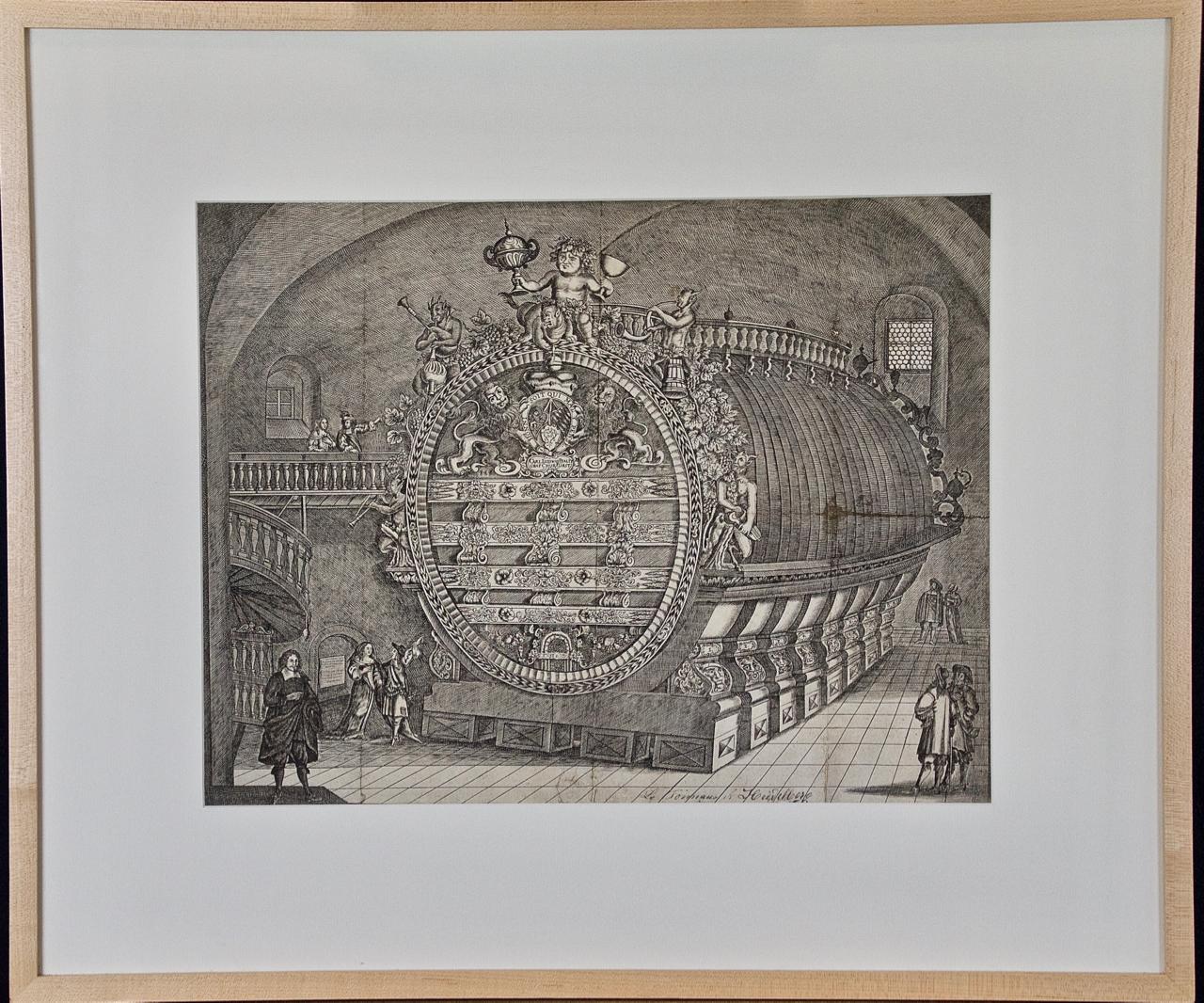 Unknown Interior Print – Gerahmter Heidelberger Tun: Ein gerahmter Gravur eines großen Weinkellers aus dem 17. Jahrhundert