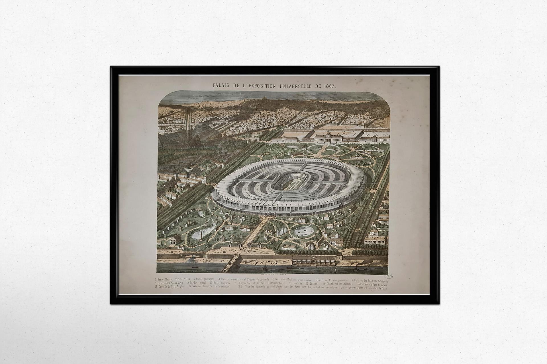 L'Exposition universelle de 1867 à Paris a été l'une des expositions universelles les plus grandioses du 19e siècle, mettant en valeur le progrès industriel, les réalisations culturelles et l'excellence artistique. Cette superbe affiche originale de