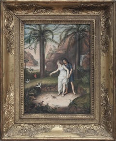 Antique 1871 Unknown 'The Secret Encounter' Romanticism Pastel, Multicolor Painting 