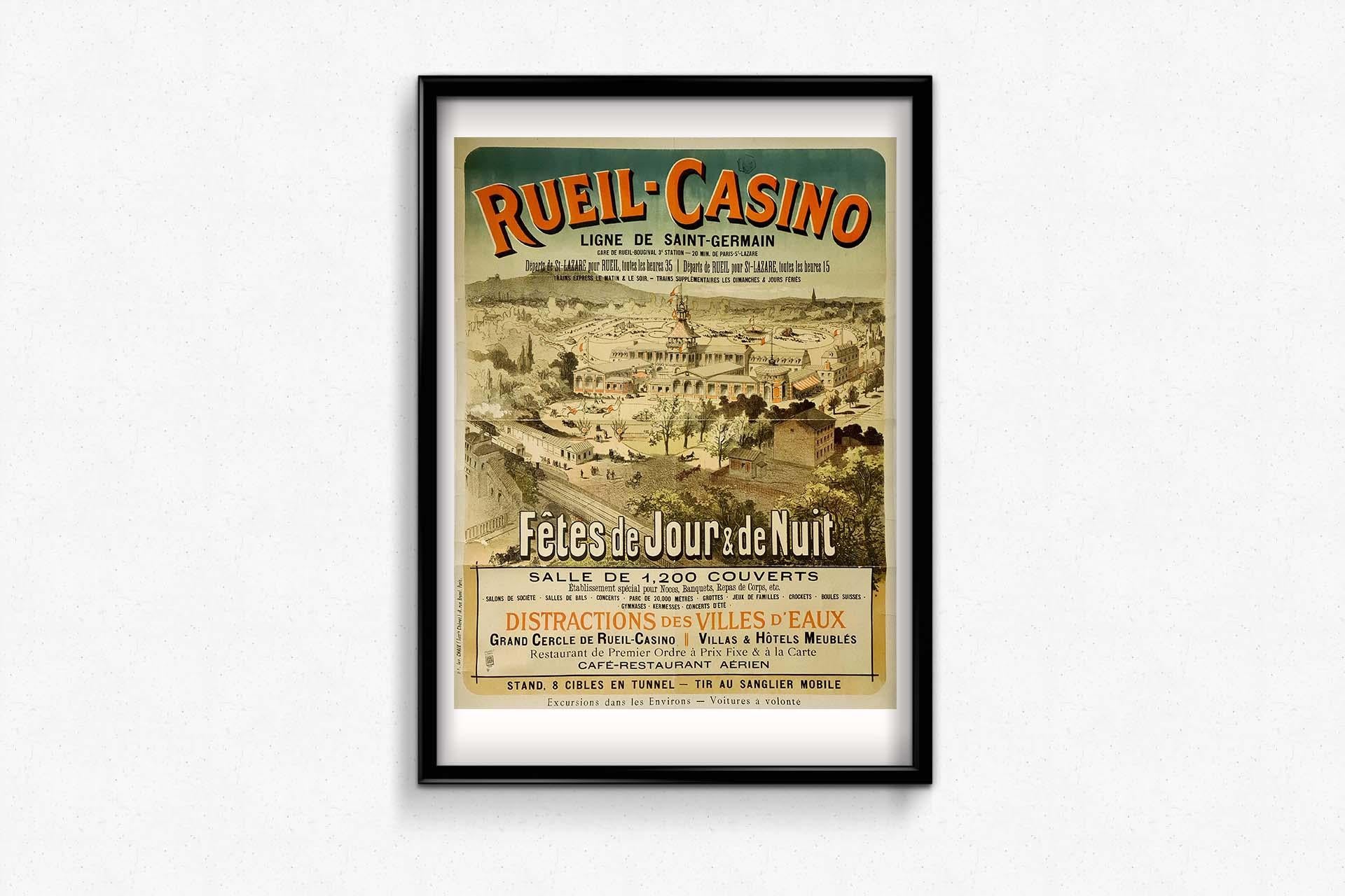 Das Original-Reiseplakat aus dem Jahr 1883, das für das Casino von Rueil und seine Festivitäten bei Tag und bei Nacht wirbt, fängt die Essenz von Freizeit und Unterhaltung entlang der Saint Germain-Linie ein. Dieses Plakat, ein Zeugnis der Belle
