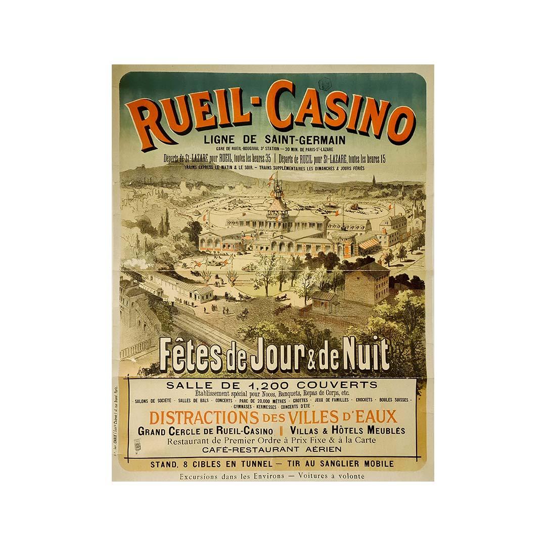 1883 original travel poster promoting the Rueil Casino day and night festivities For Sale 2