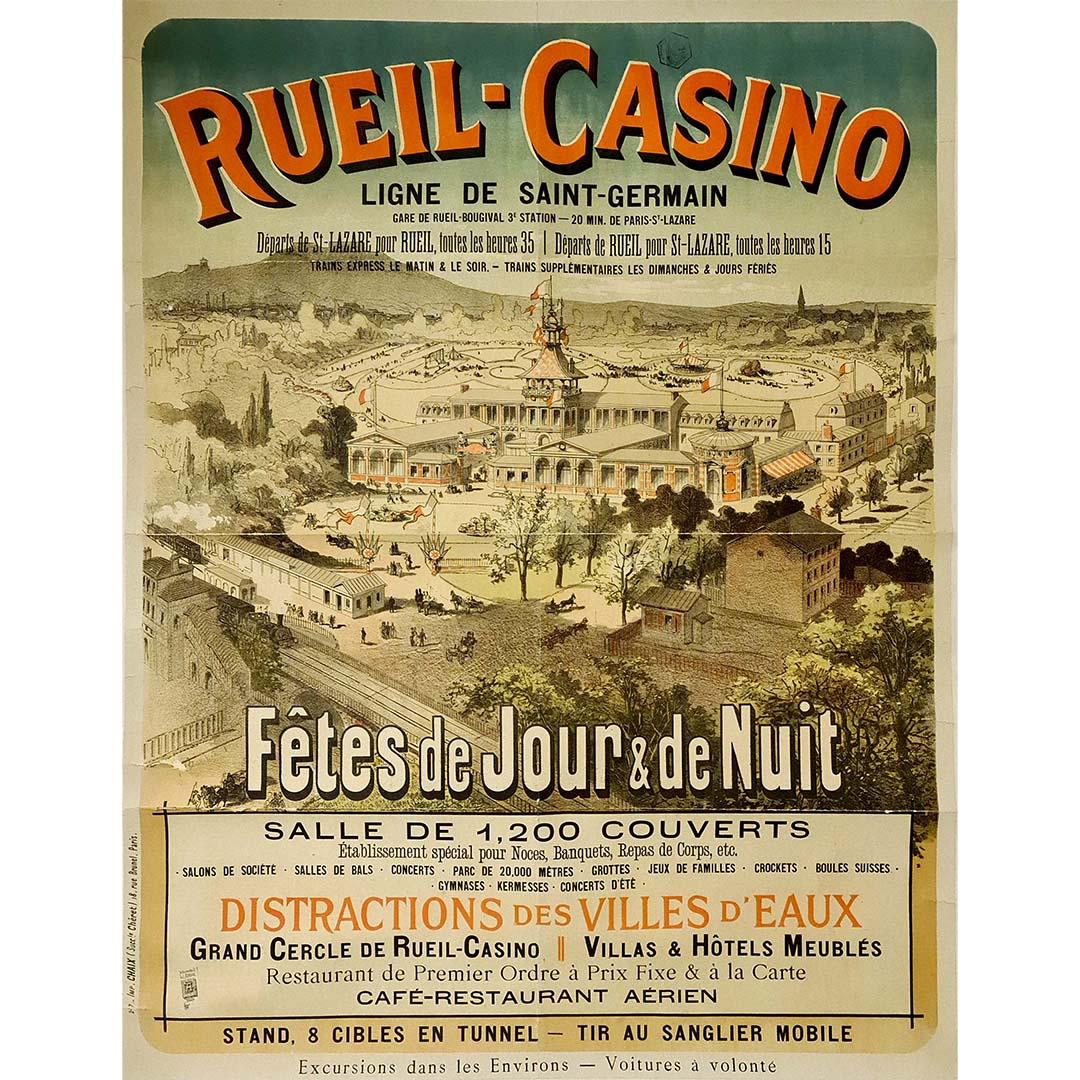 1883 original travel poster promoting the Rueil Casino day and night festivities