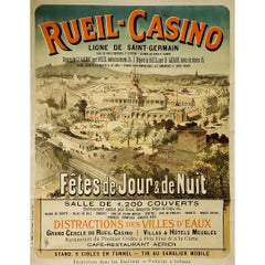 Antique 1883 original travel poster promoting the Rueil Casino day and night festivities