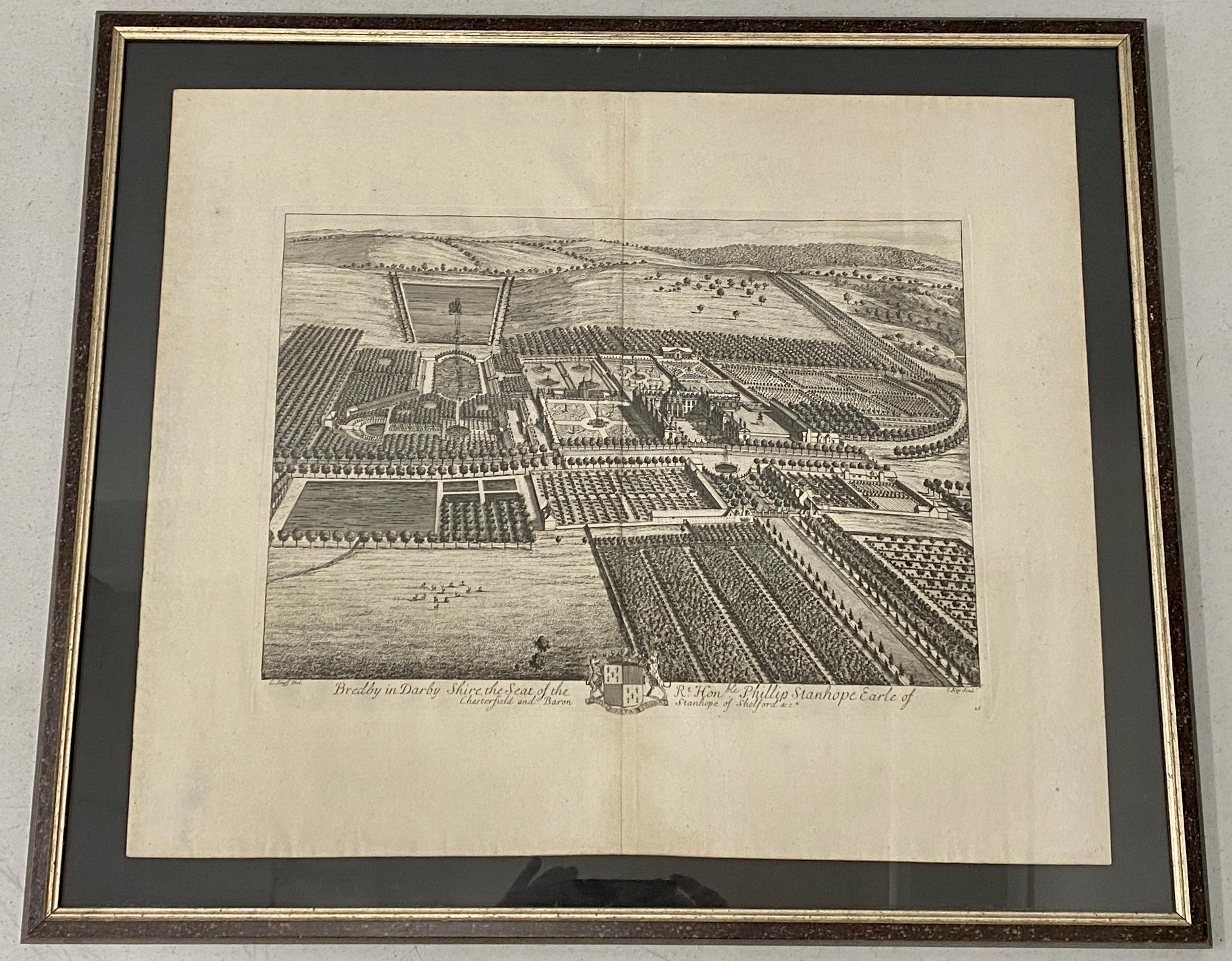 Unknown Landscape Print – 18th C. Kupferstich „Shire of the Seat of Phillip Stanhope, Earl of Chesterfield“
