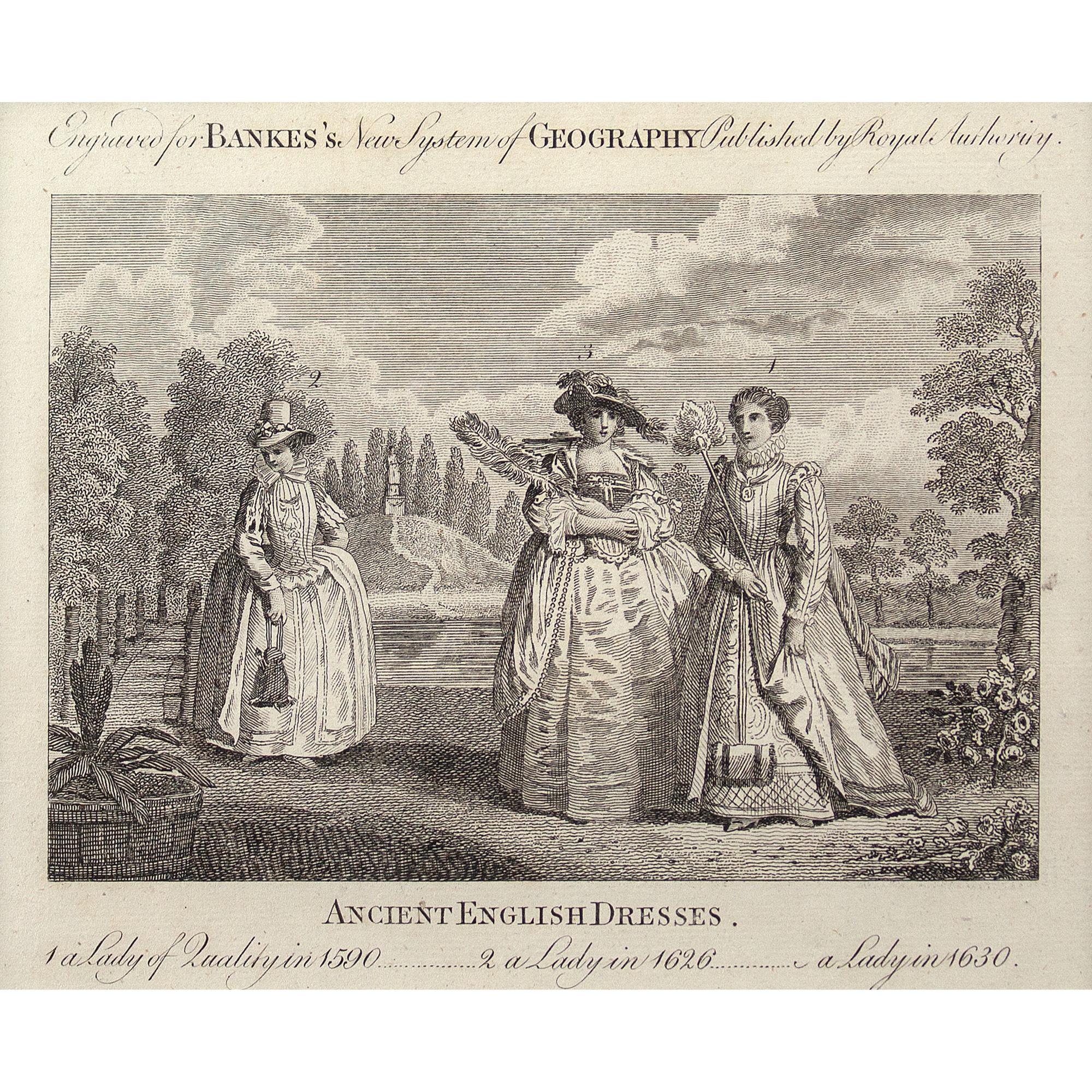 18th-Century Engraving, Ancient English Dresses - Print by Unknown