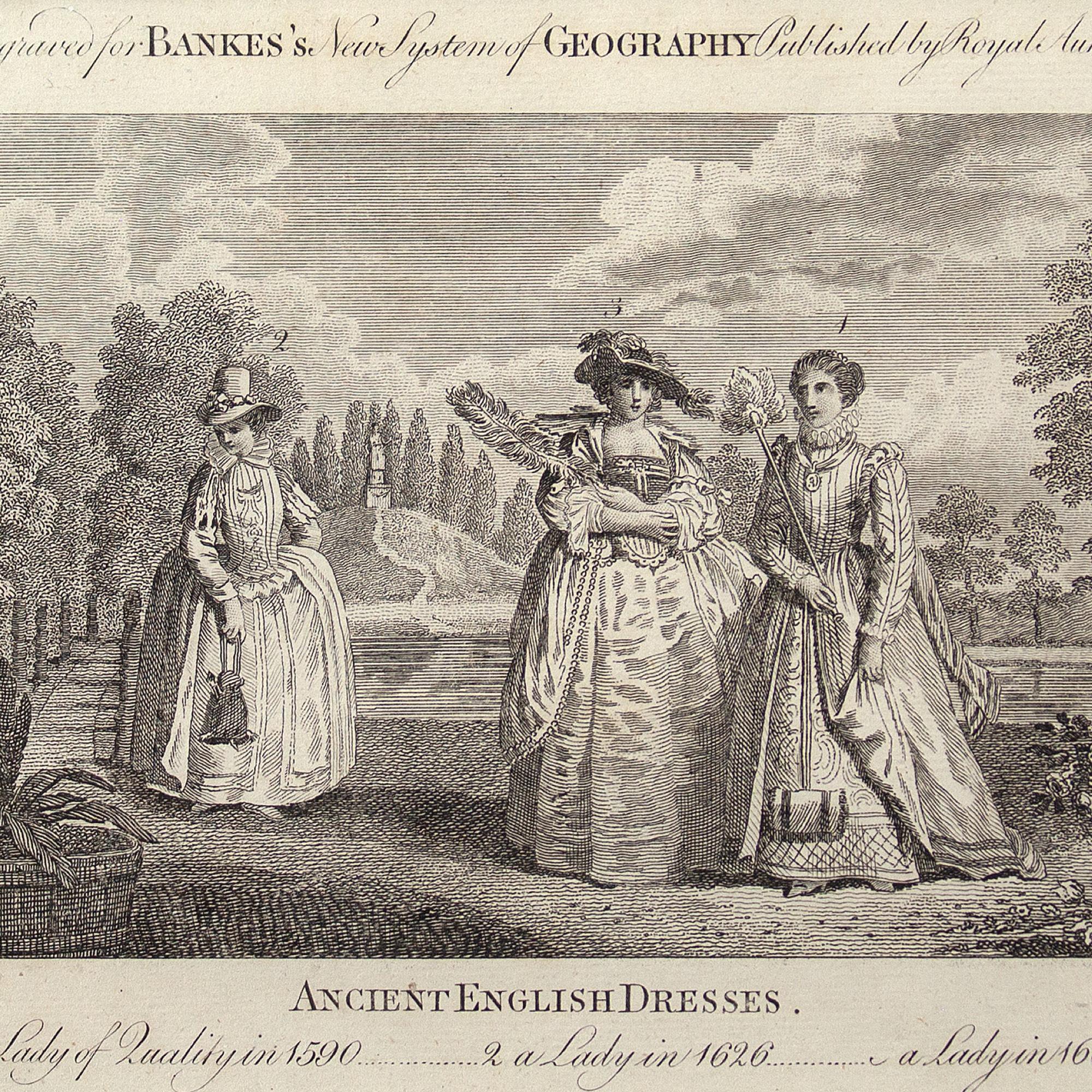 18th-Century Engraving, Ancient English Dresses - English School Print by Unknown