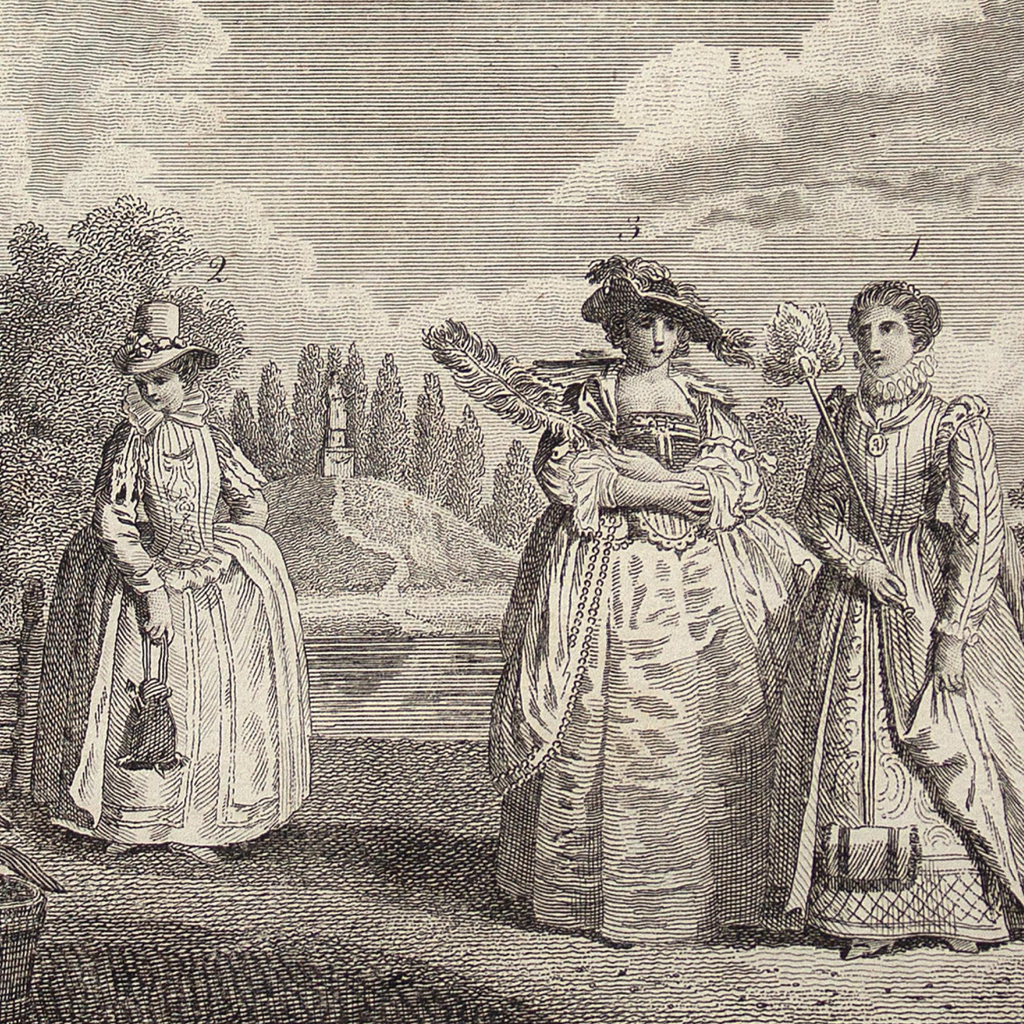 This late 18th-century engraving from Thomas Bankes’ ‘New and Authentic System of Universal Geography’ depicts the evolution of ladies' fashion between 1590 and 1630.

In this unusual gathering of time-sensitive females, we see a representative from