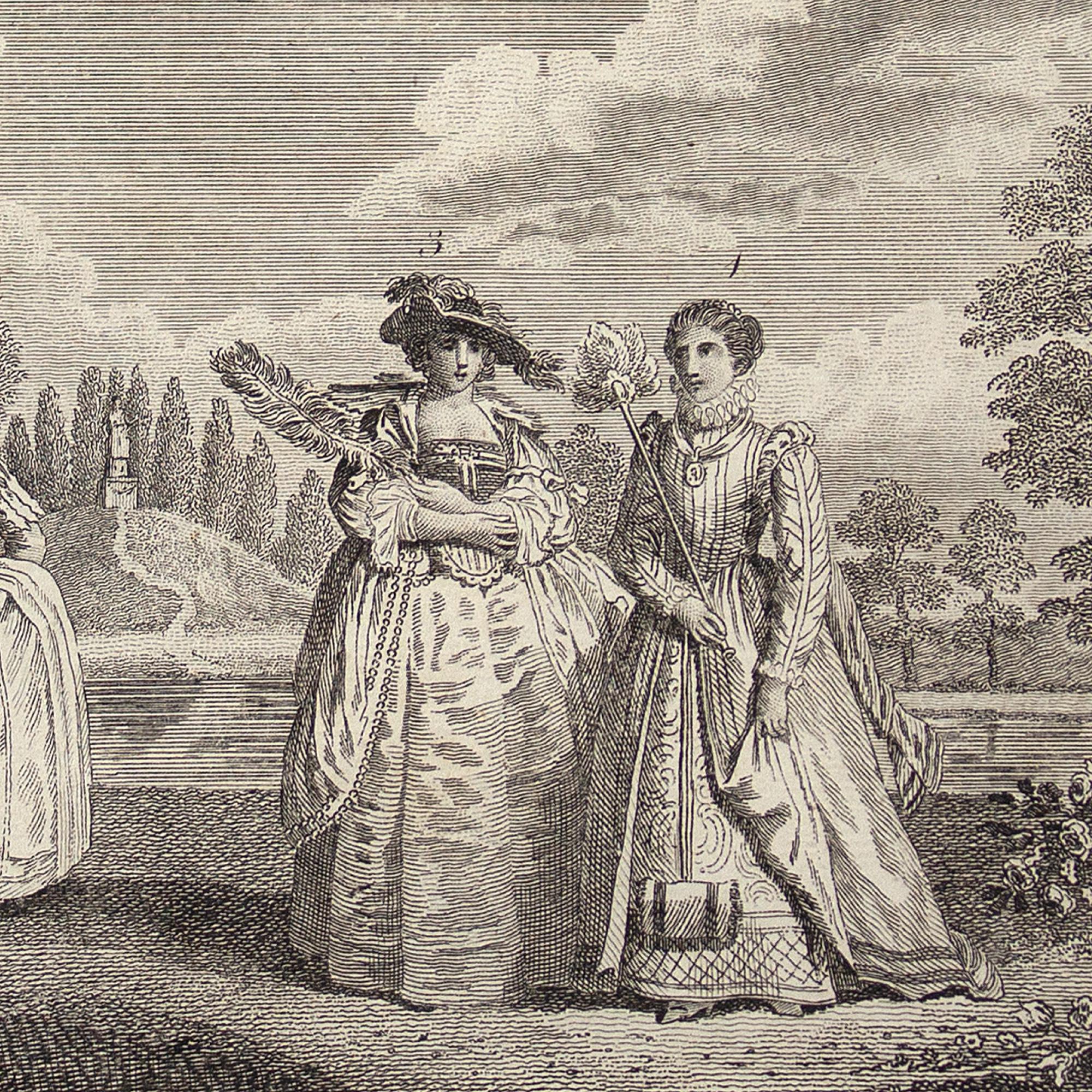 18th-Century Engraving, Ancient English Dresses For Sale 1