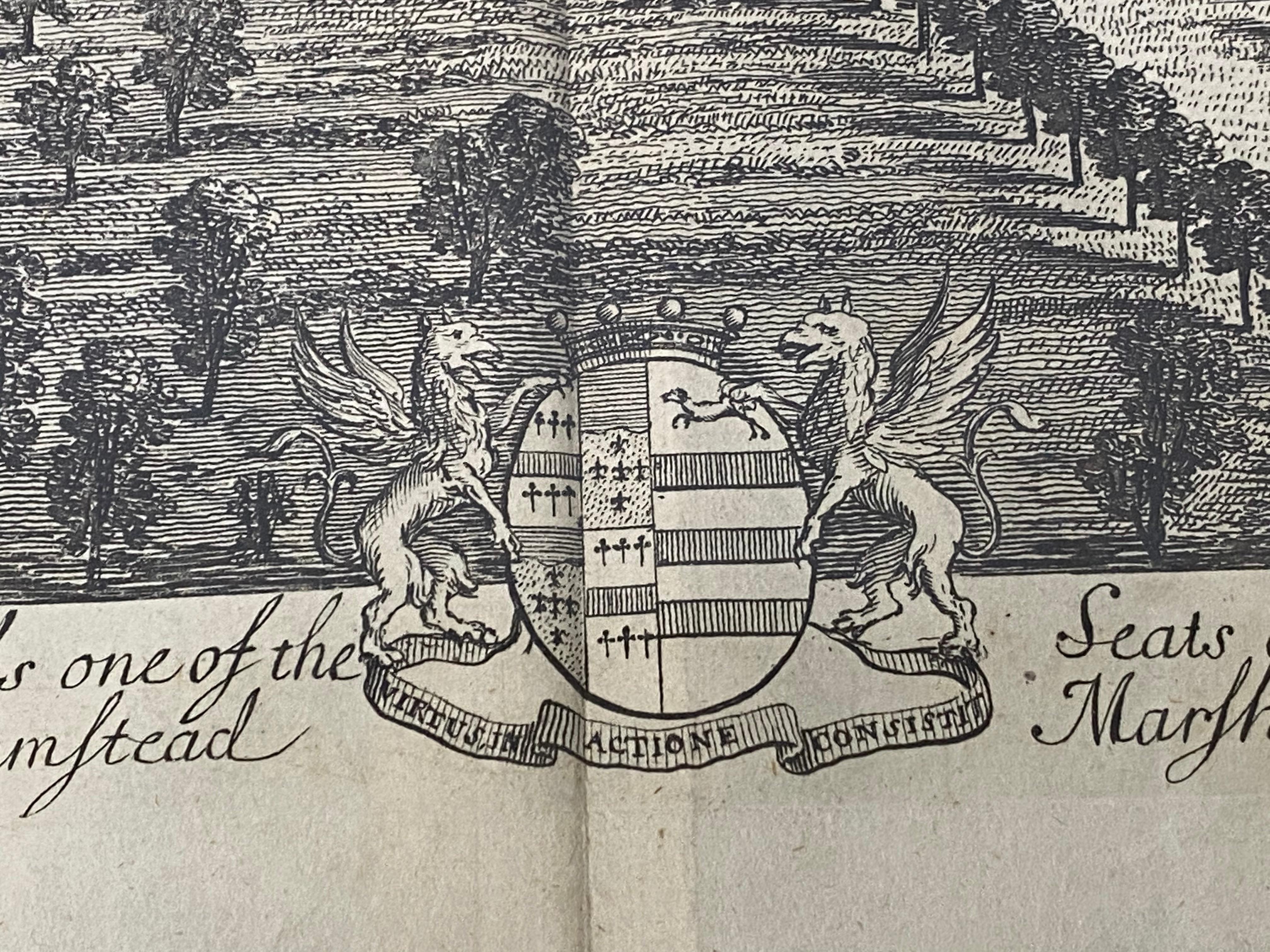 Gravure du 18ème siècle « Birdeye View of Grand Country House at Hamstead Marshal » ( Vue d'un œil d'oiseau d'une grande maison de campagne à Hamstead) en vente 11