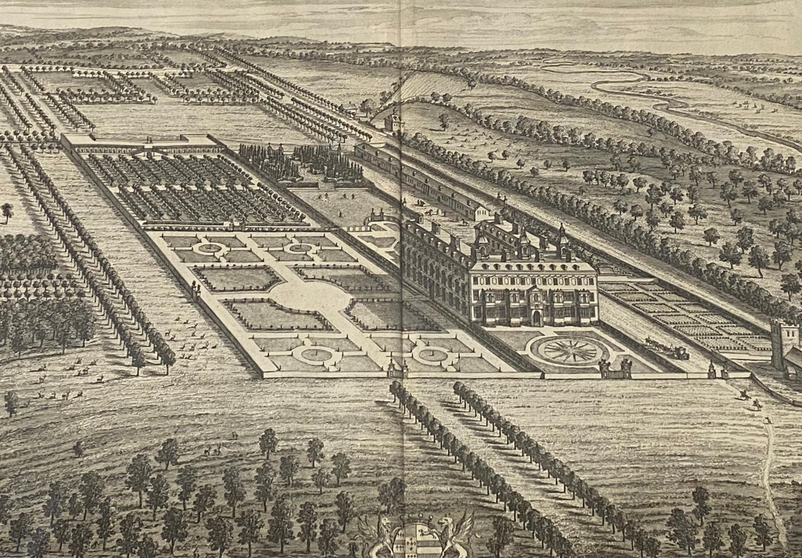 Gravure du 18ème siècle « Birdeye View of Grand Country House at Hamstead Marshal » ( Vue d'un œil d'oiseau d'une grande maison de campagne à Hamstead) en vente 1