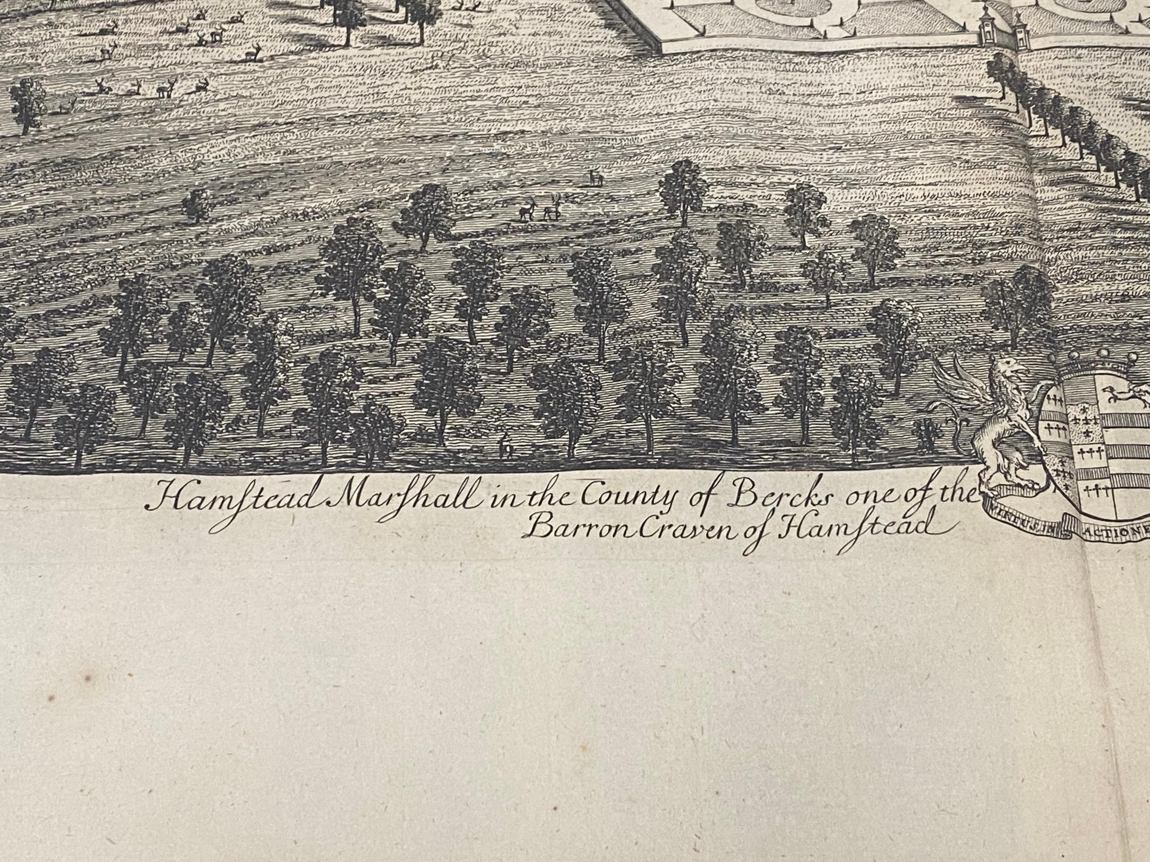 Gravure du 18ème siècle « Birdeye View of Grand Country House at Hamstead Marshal » ( Vue d'un œil d'oiseau d'une grande maison de campagne à Hamstead) en vente 4