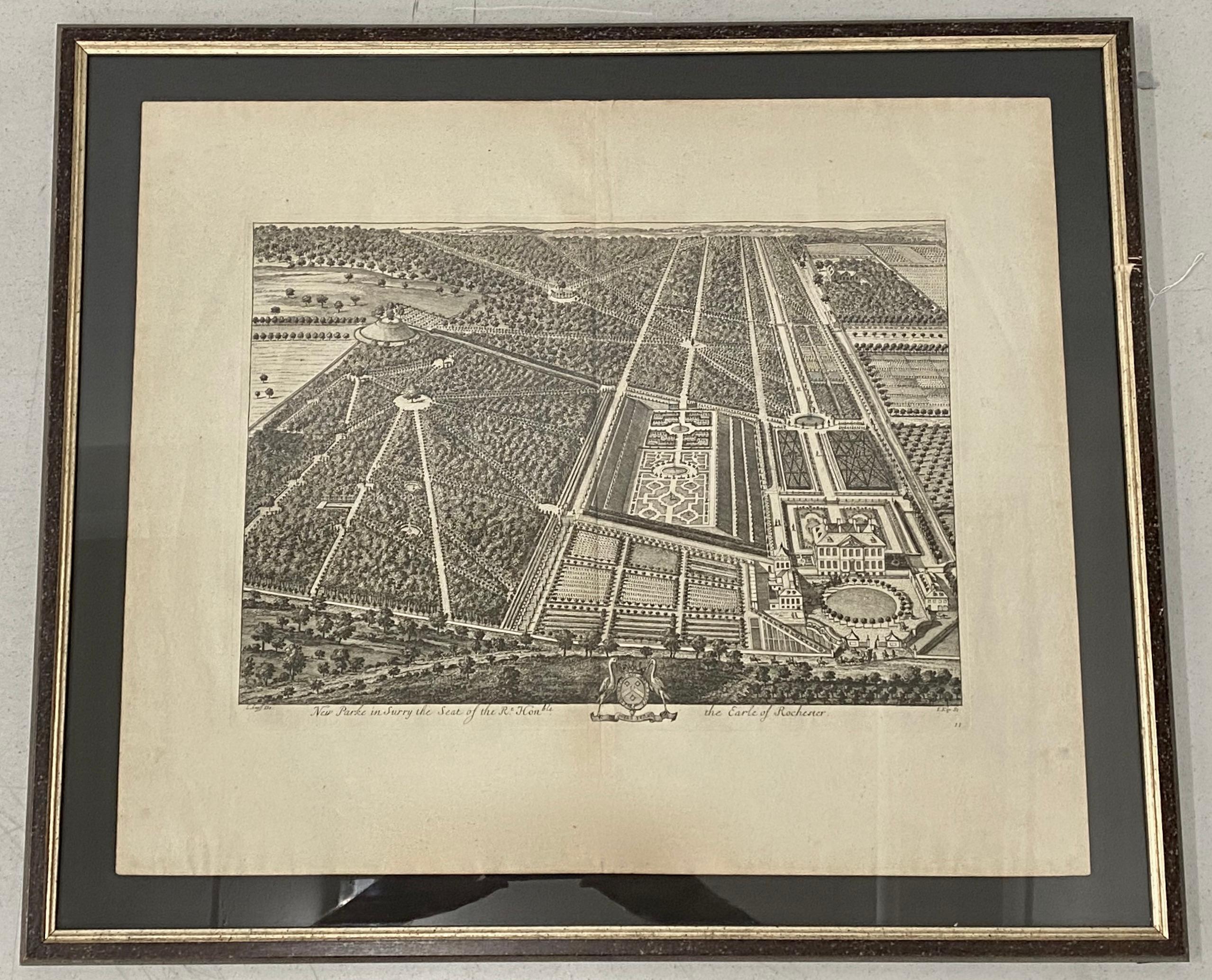 18th Century Engraving "Birdseye View of New Park in Surrey" c.1724 - Print by Unknown