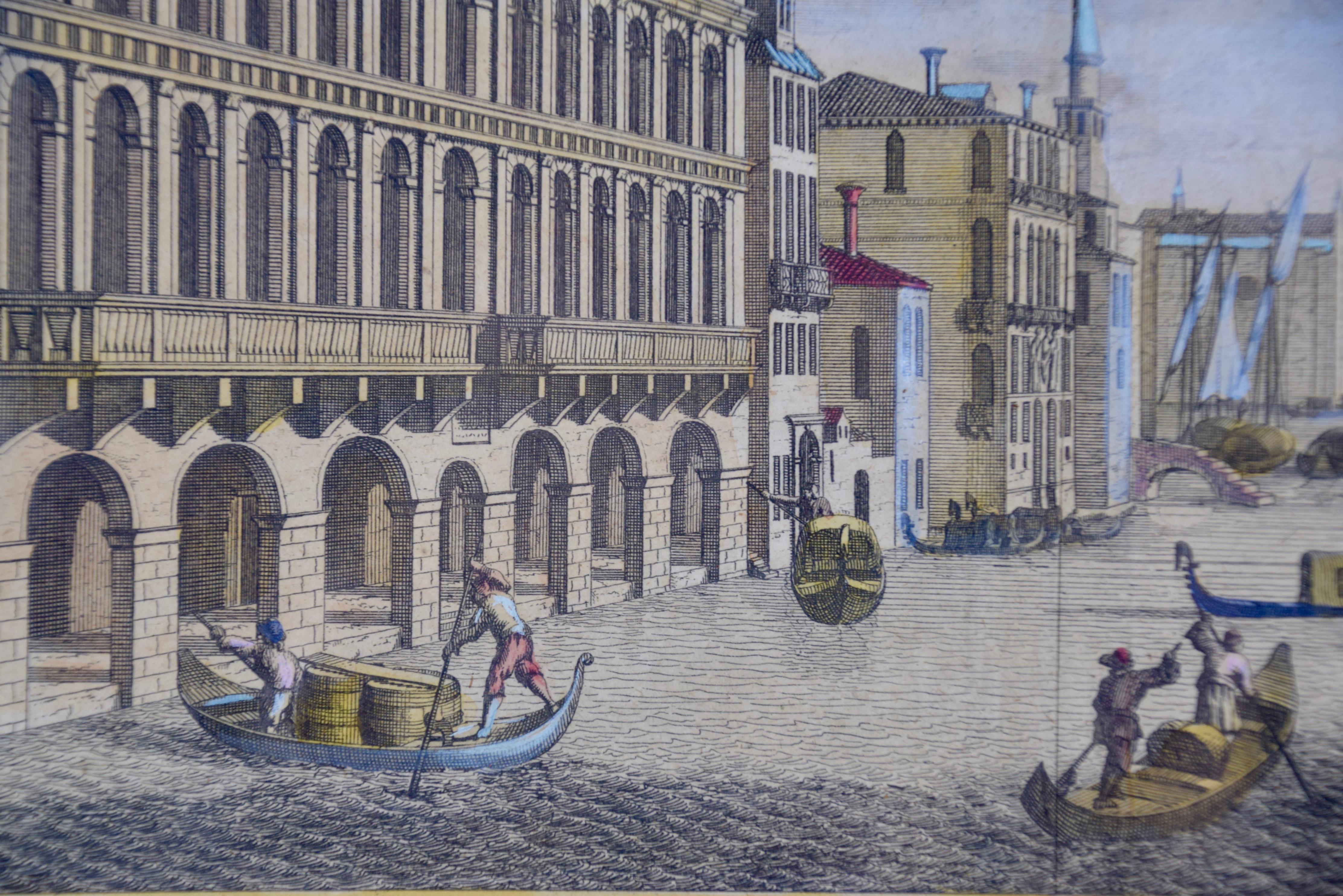 Ansicht von Venedig, einschließlich Gondeln, handkolorierte Gravur aus dem 18. Jahrhundert  – Print von Pieter Van Der Aa