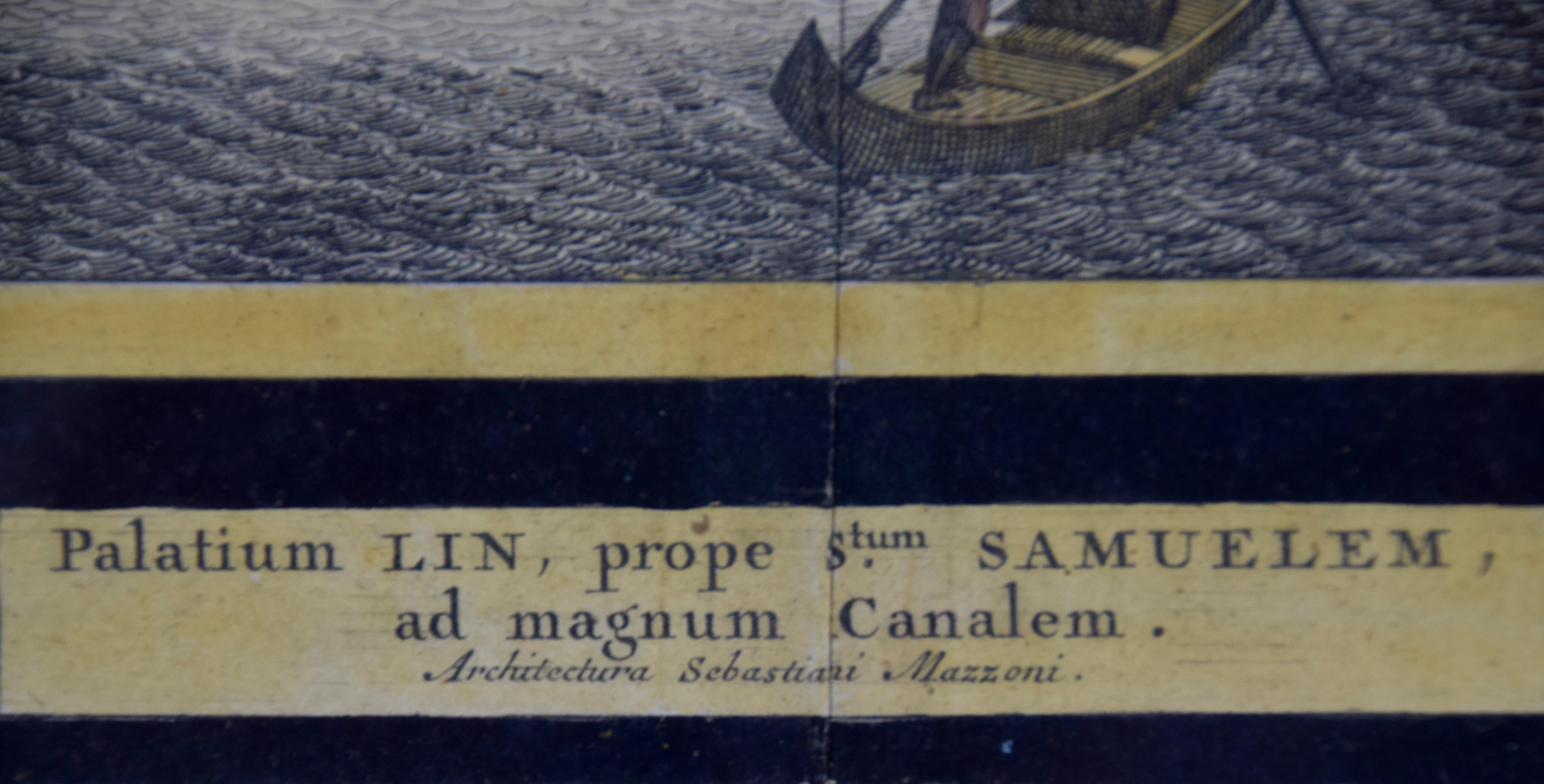 Ein früher handkolorierter Stich aus dem 18. Jahrhundert mit einer Szene der Stadt Venedig, Italien mit dem Titel 