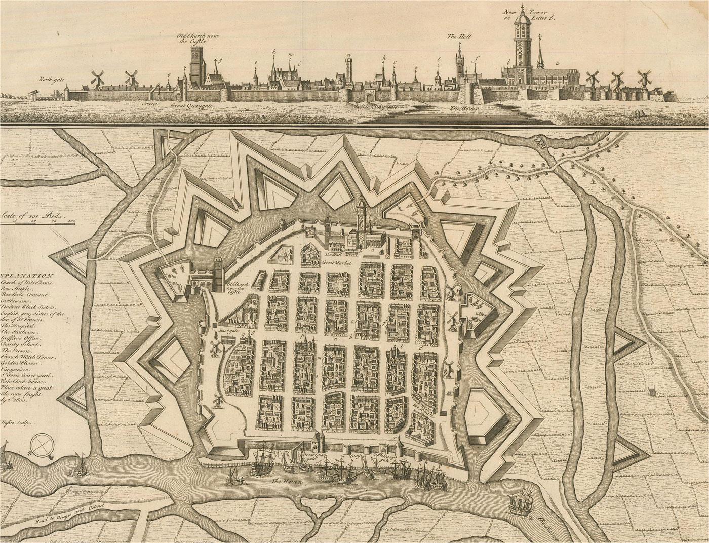Kartengravur aus dem 18. Jahrhundert – Newport, eine starke Hafenstadt in Flandern (Beige), Print, von Unknown