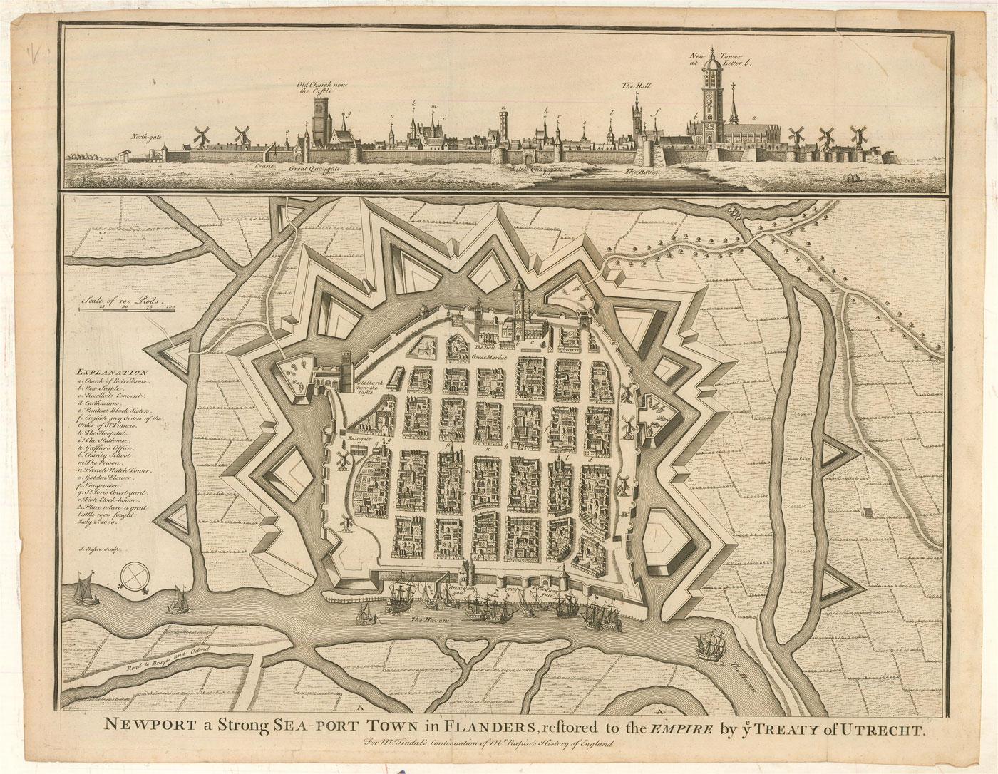 Eine Karte von Nieuwpoort, anglisiert zu 'Newport', in Nordbelgien. Im oberen Viertel befindet sich ein Panorama, das die wichtigsten Sehenswürdigkeiten zeigt. Unten sehen Sie einen Plan der Stadt mit ihren starken Verteidigungsanlagen und den