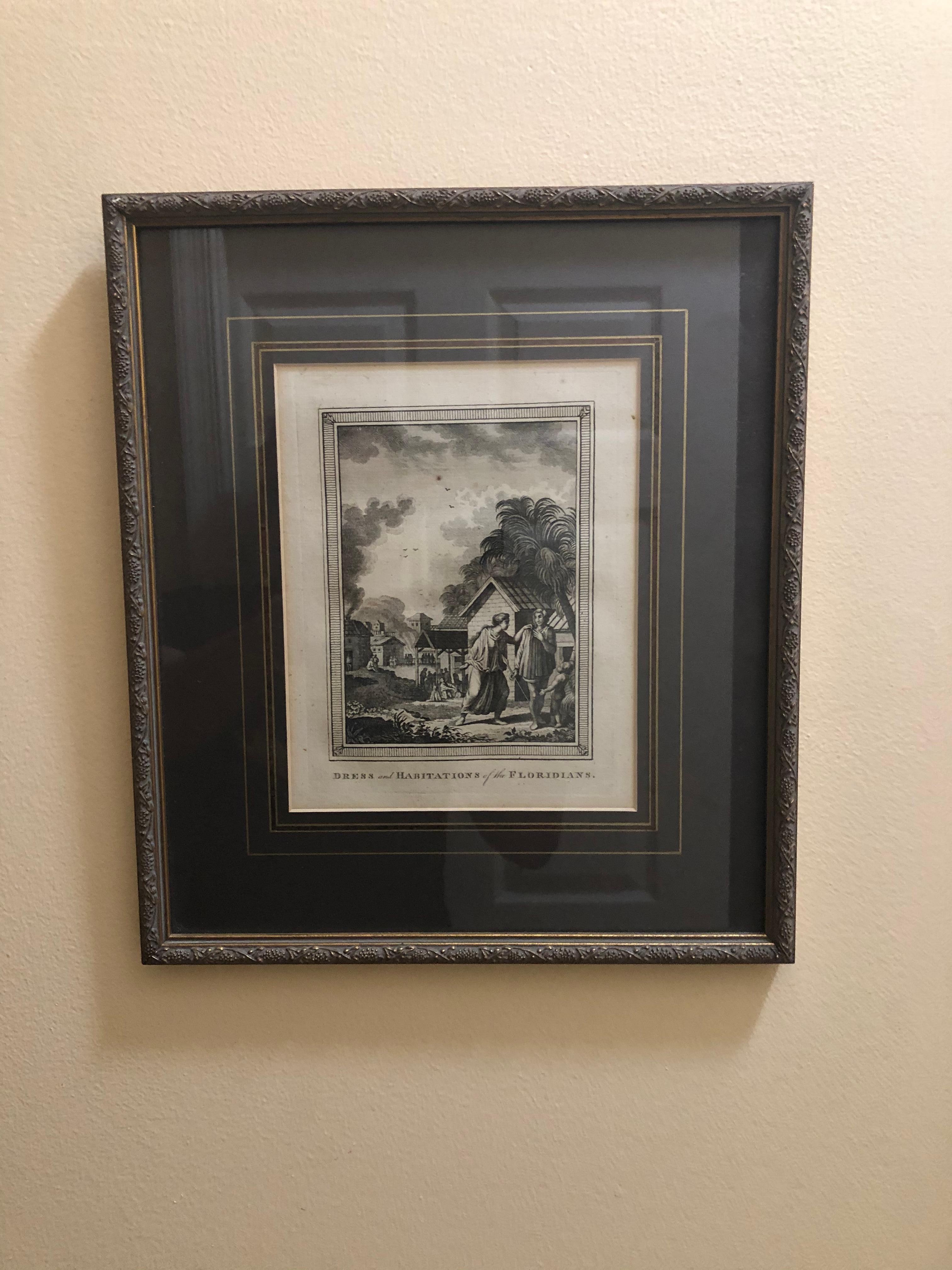 Mid 18th century etching of native Floridians probably used for a book. Very good condition for its age. Etching measures 7 1/2 inches high by 5 3/4 inches wide. The beautiful custom-made frame measures 14 inches high by 12 1/4 inches wide.