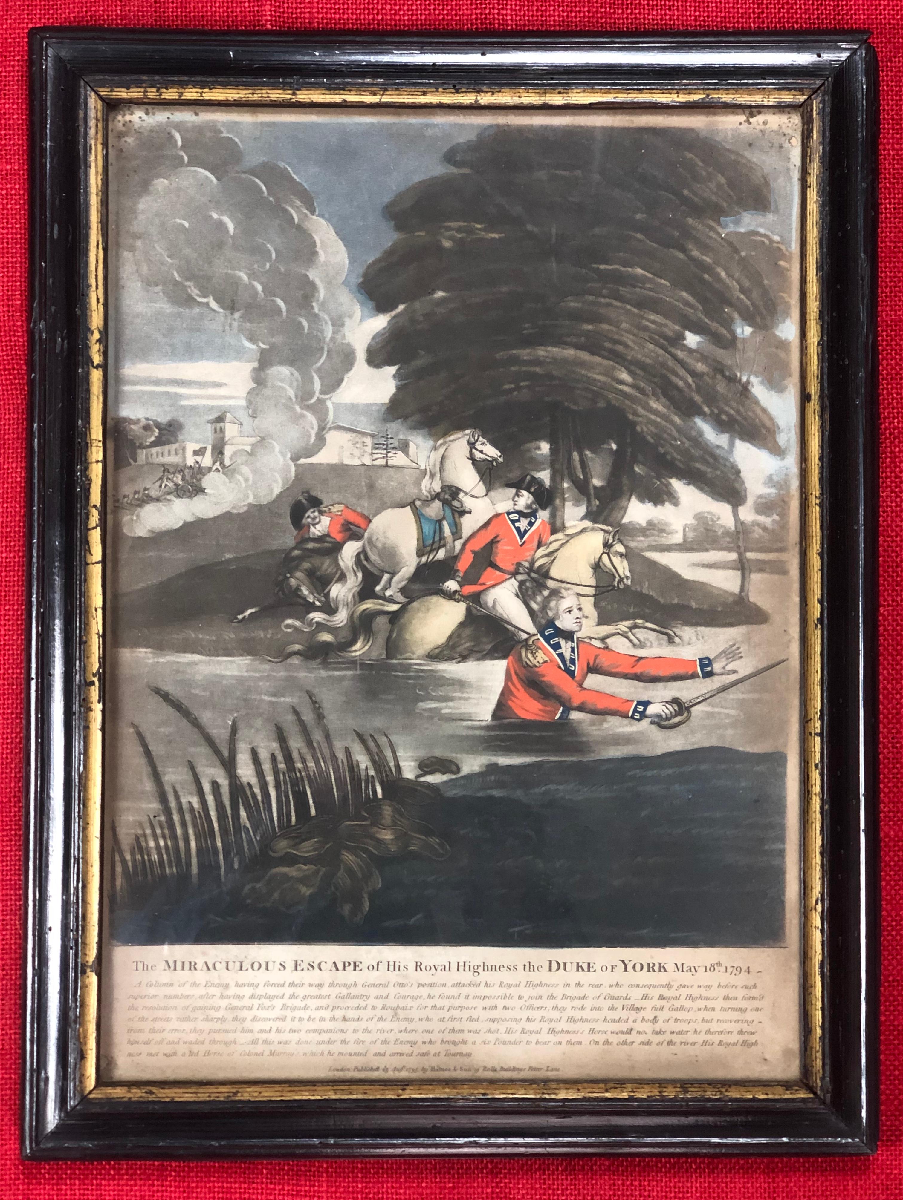 Late 18th century hand coloured mezzotint published by Haines & Son in London in 1795. Ready to hang, presented in a fine ebonised 18th century frame with its original glass.

The Duke of York wades through a river to escape during the Battle of