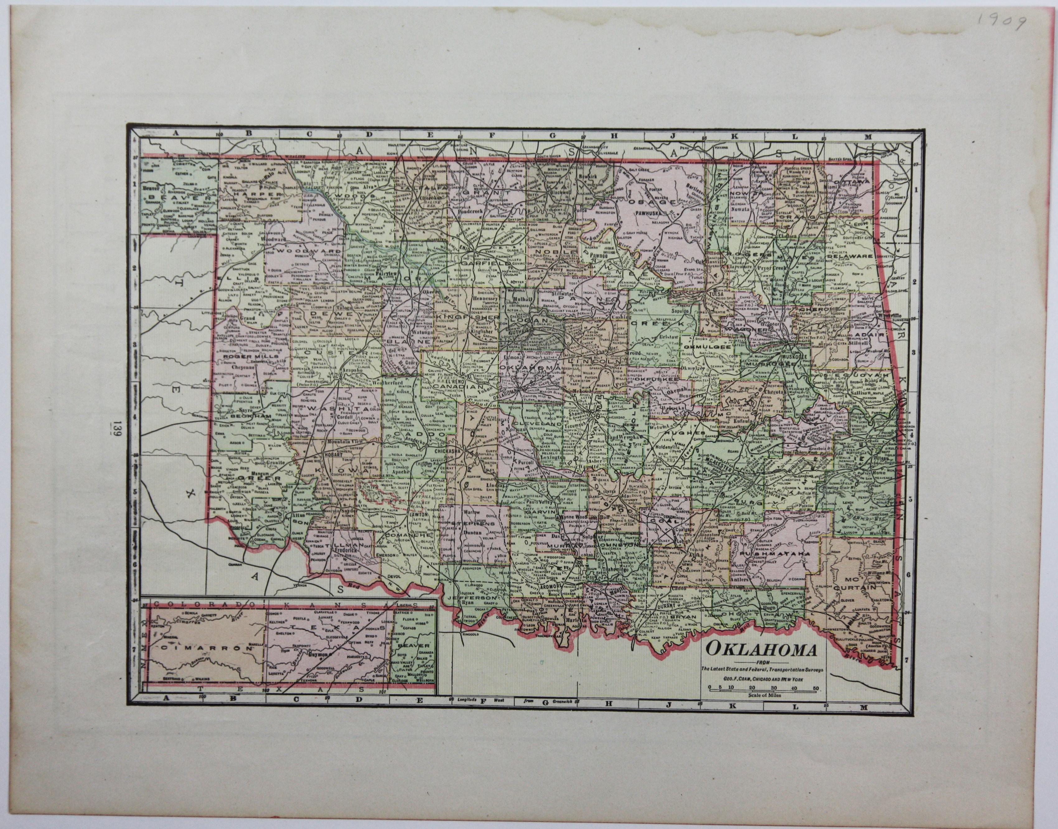 1909 Double-Sided Map of Texas and Oklahoma by The George F. Cram Company - Academic Print by Unknown