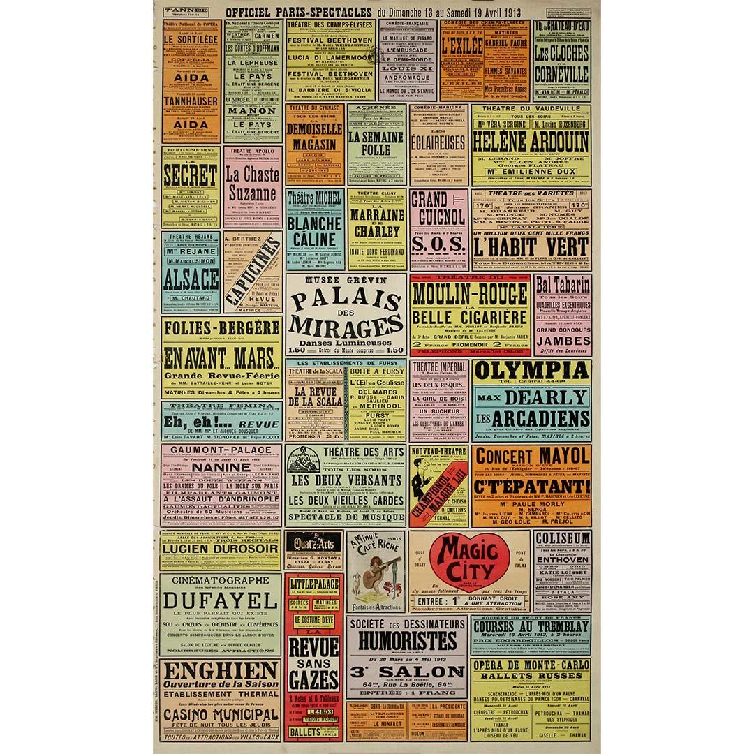 1913 Plakat Officiel Paris-Spectacles - 7e année - Moulin Rouge, das Olympia...