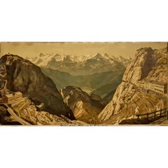 Impresión en color de los años 20 con la majestuosa vista del Hotel Pilatus Kulm