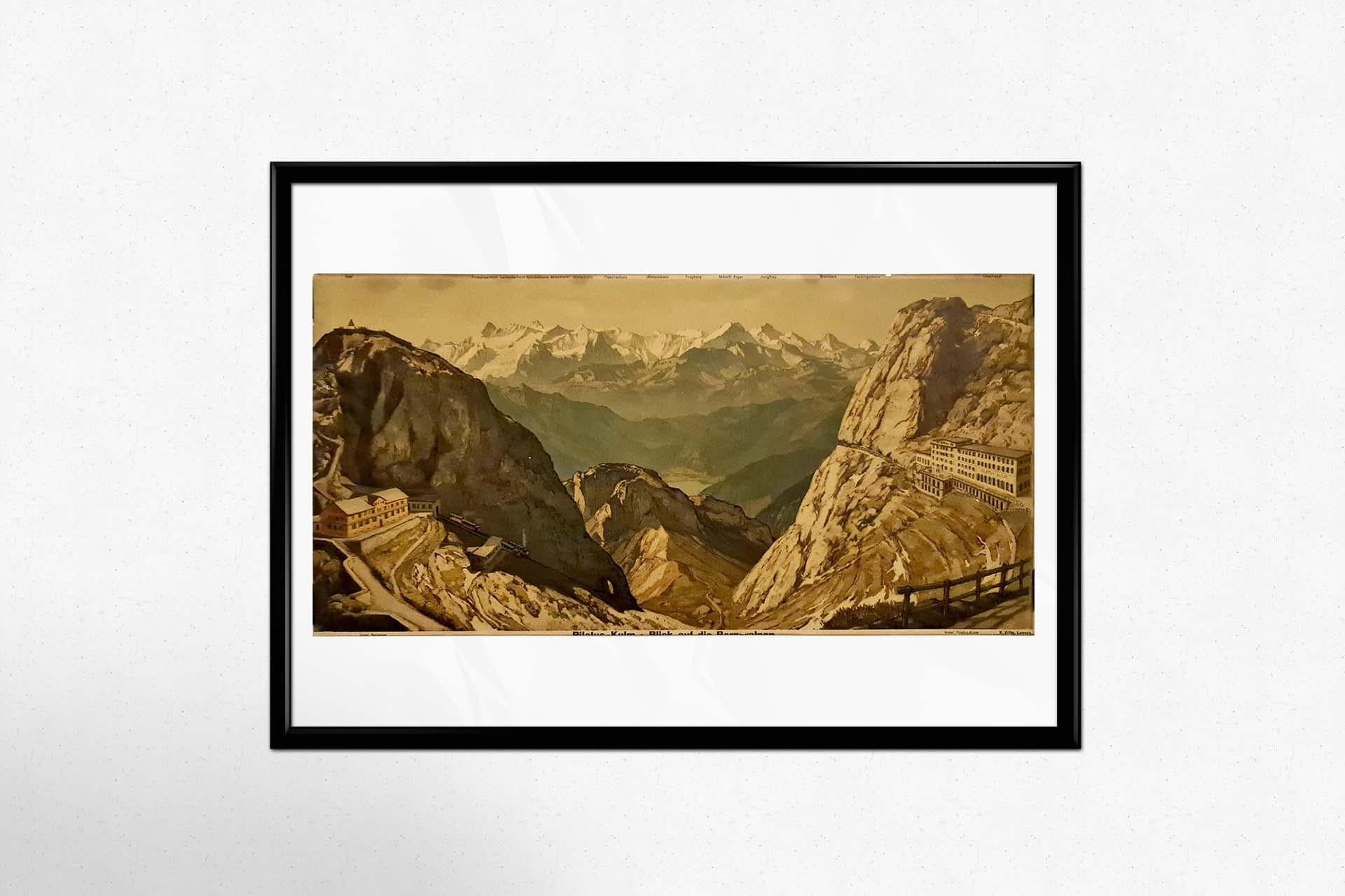 1920s color print featuring the majestic view of the Hotel Pilatus Kulm For Sale 1