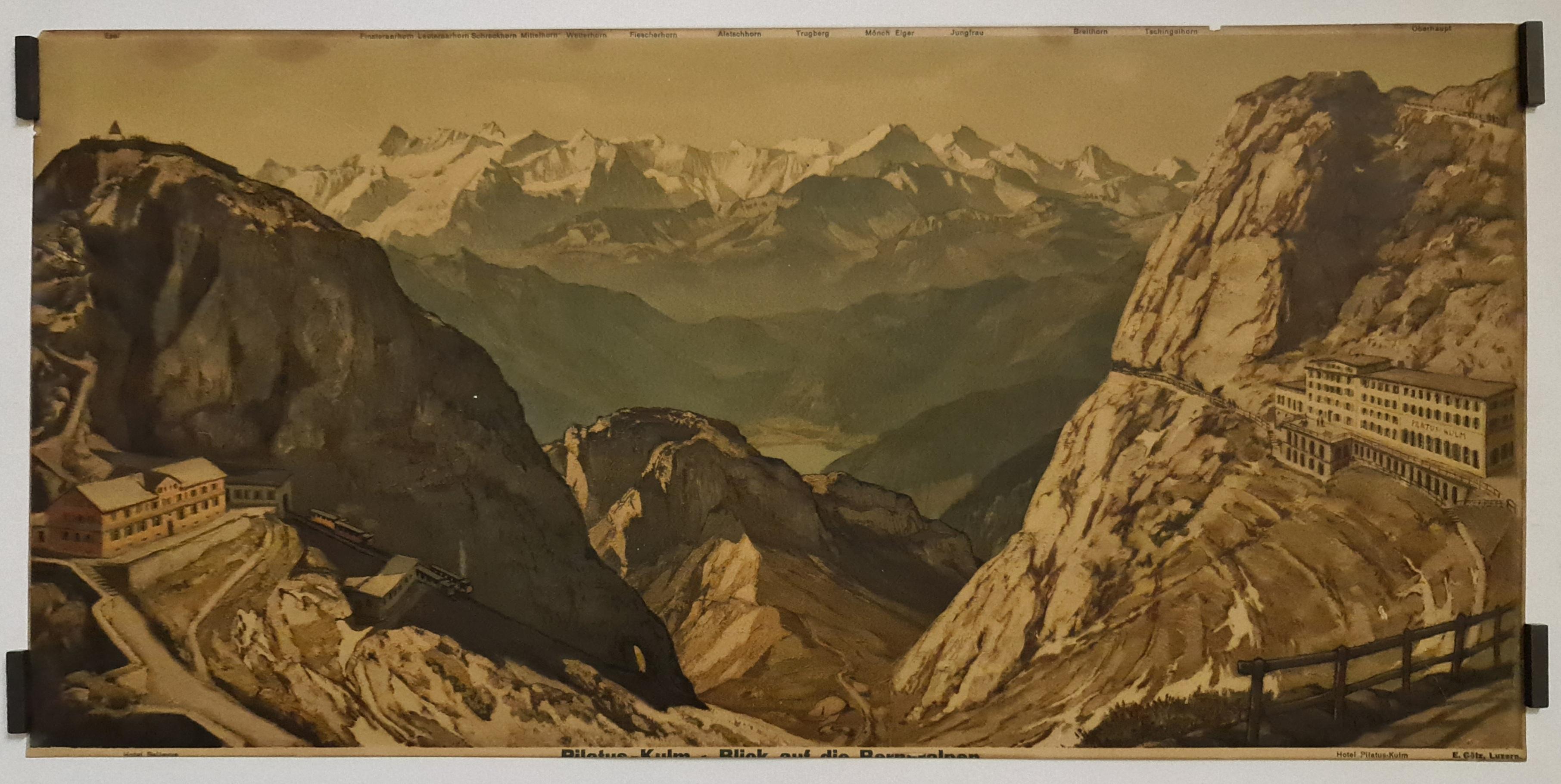 1920s color print featuring the majestic view of the Hotel Pilatus Kulm For Sale 2