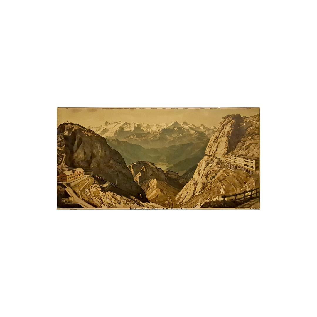 1920s color print featuring the majestic view of the Hotel Pilatus Kulm - Print by Unknown