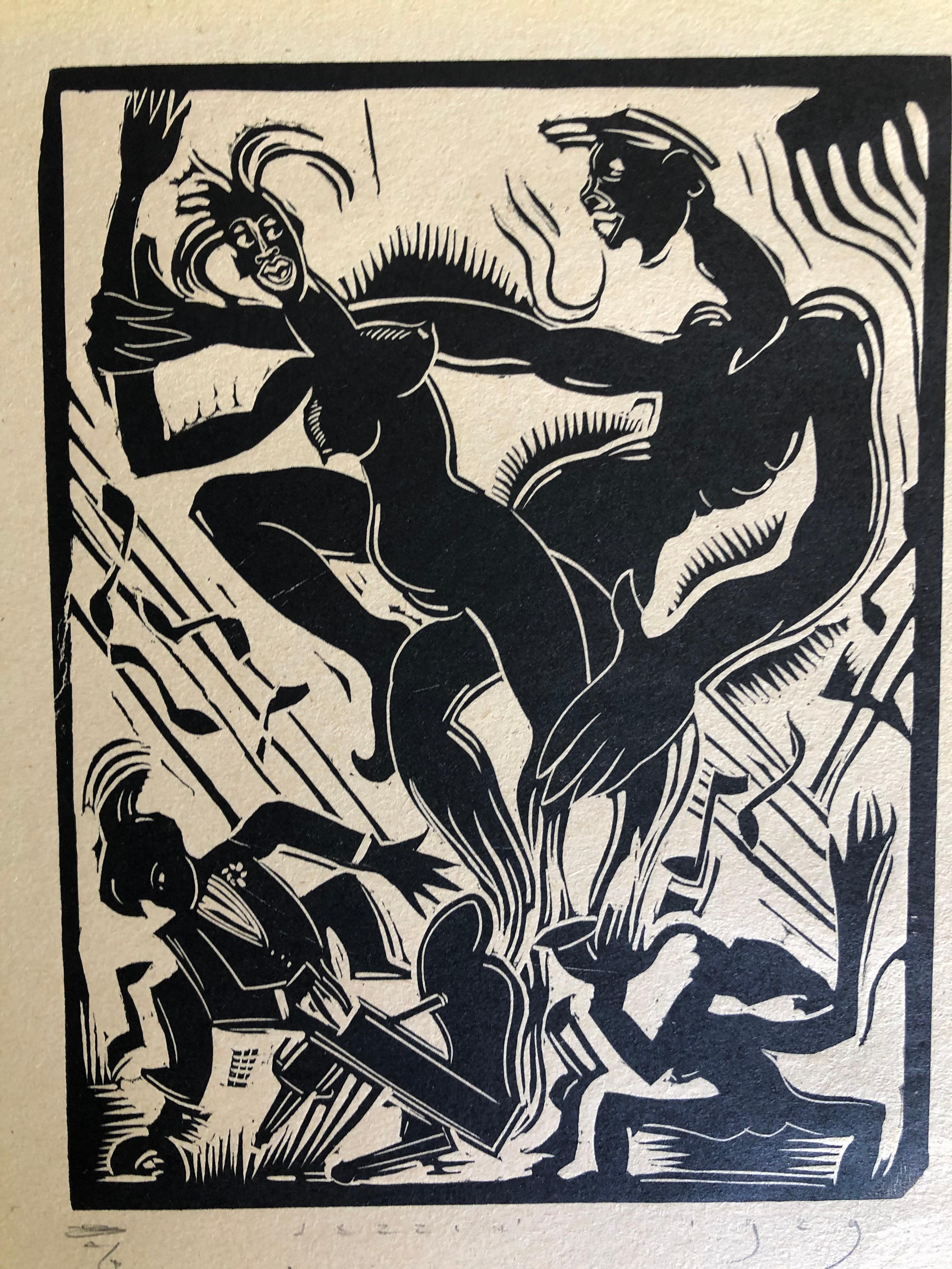 Unknown Figurative Print – 1929 Afrikanischer Holzschnitt aus dem Jahr 1929  ""Jazz""