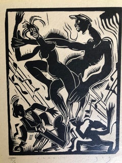 Antique 1929 African American Woodcut  "Jazz"