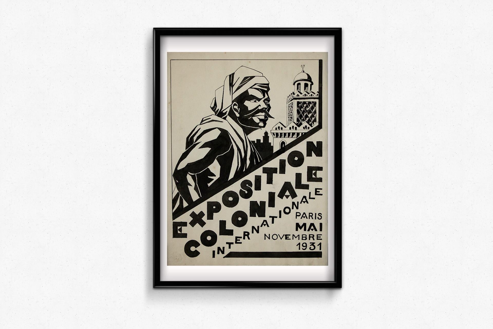 This original 1931 ink poster project was created as a concept for the Exposition Coloniale Internationale, held in Paris from May to November 1931. The striking black-and-white composition features a bold, angular depiction of a man in traditional