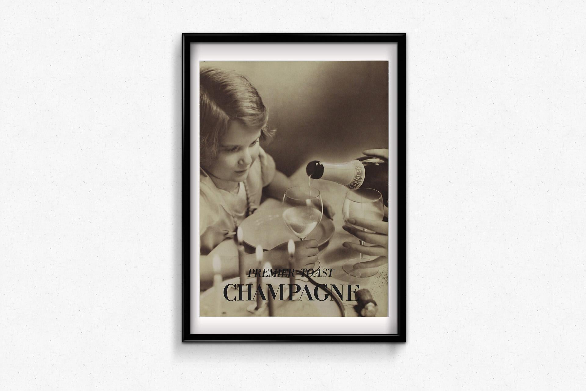 The 1932 original poster Premier Toast Champagne is a captivating example of early 20th-century advertising that blends elegance with emotional appeal. This poster, evocative in its simplicity and charm, serves as an homage to the celebratory nature