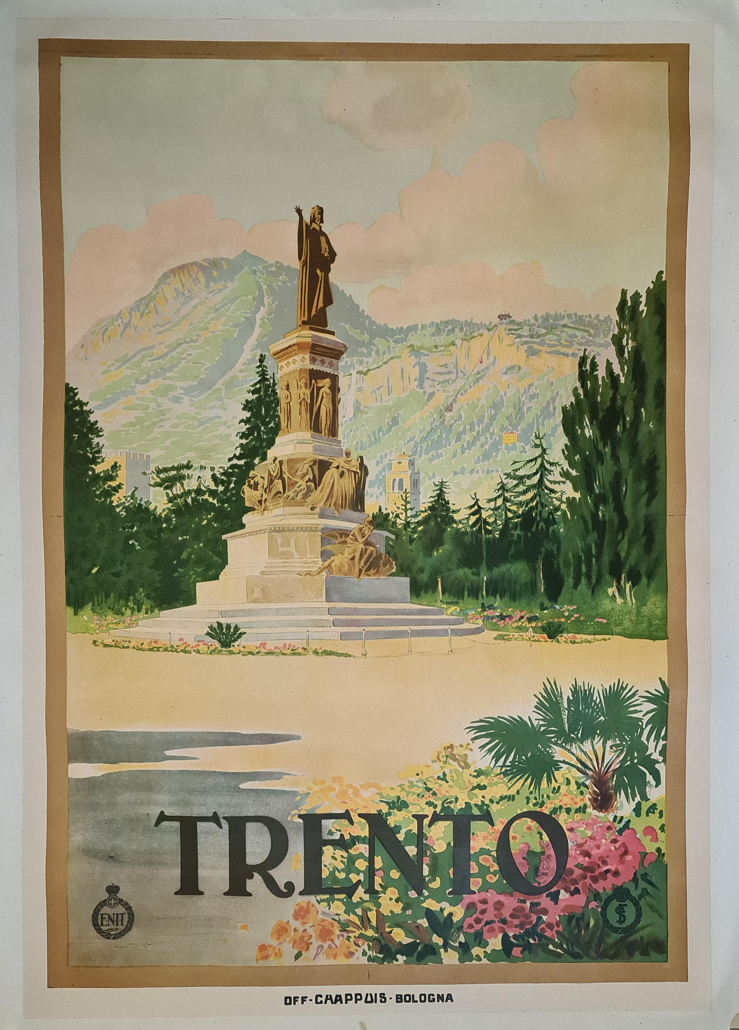 Original travel poster promoting the Alpine city of Trento in northern Italy, published by ENIT, the Italian tourist board, and the Italian railroads. It features a beautiful illustration of the 1896 historical monument, the statue of Dante, the