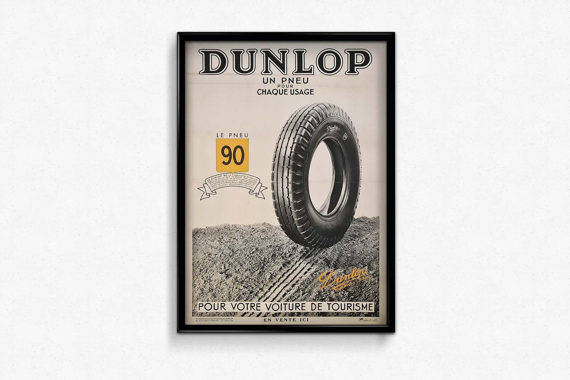 The 1935 original advertising poster for Dunlop unveils the Tire 90, a tire engineered for every driving need. Crafted by J. Herbert & Cie in Levallois, this poster epitomizes Dunlop's tireless pursuit of excellence in the automotive industry.
With