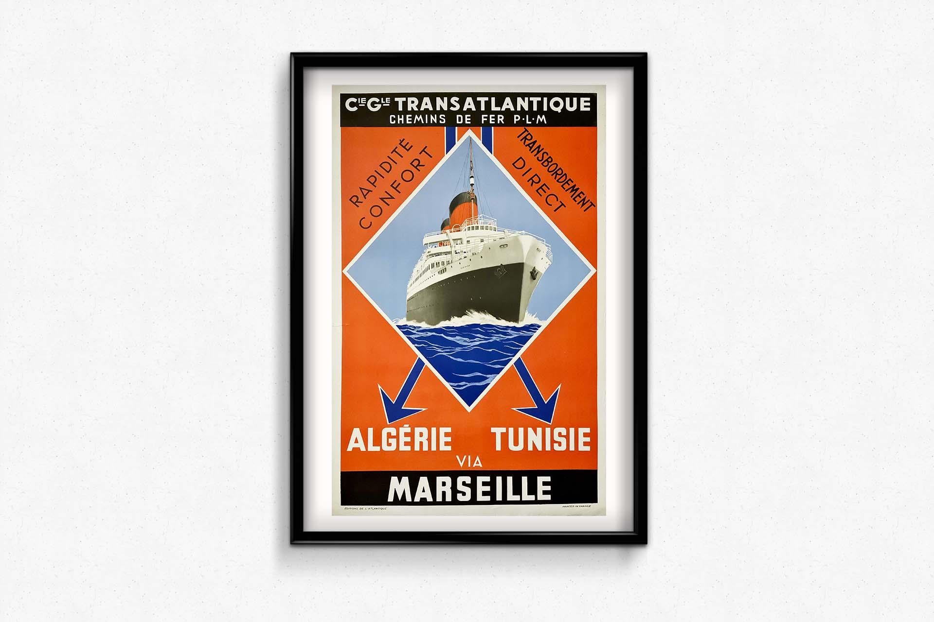 Affiche originale de 1937 de la Compagnie Gnrale Transatlantique et des chemins de fer PLM en vente 1