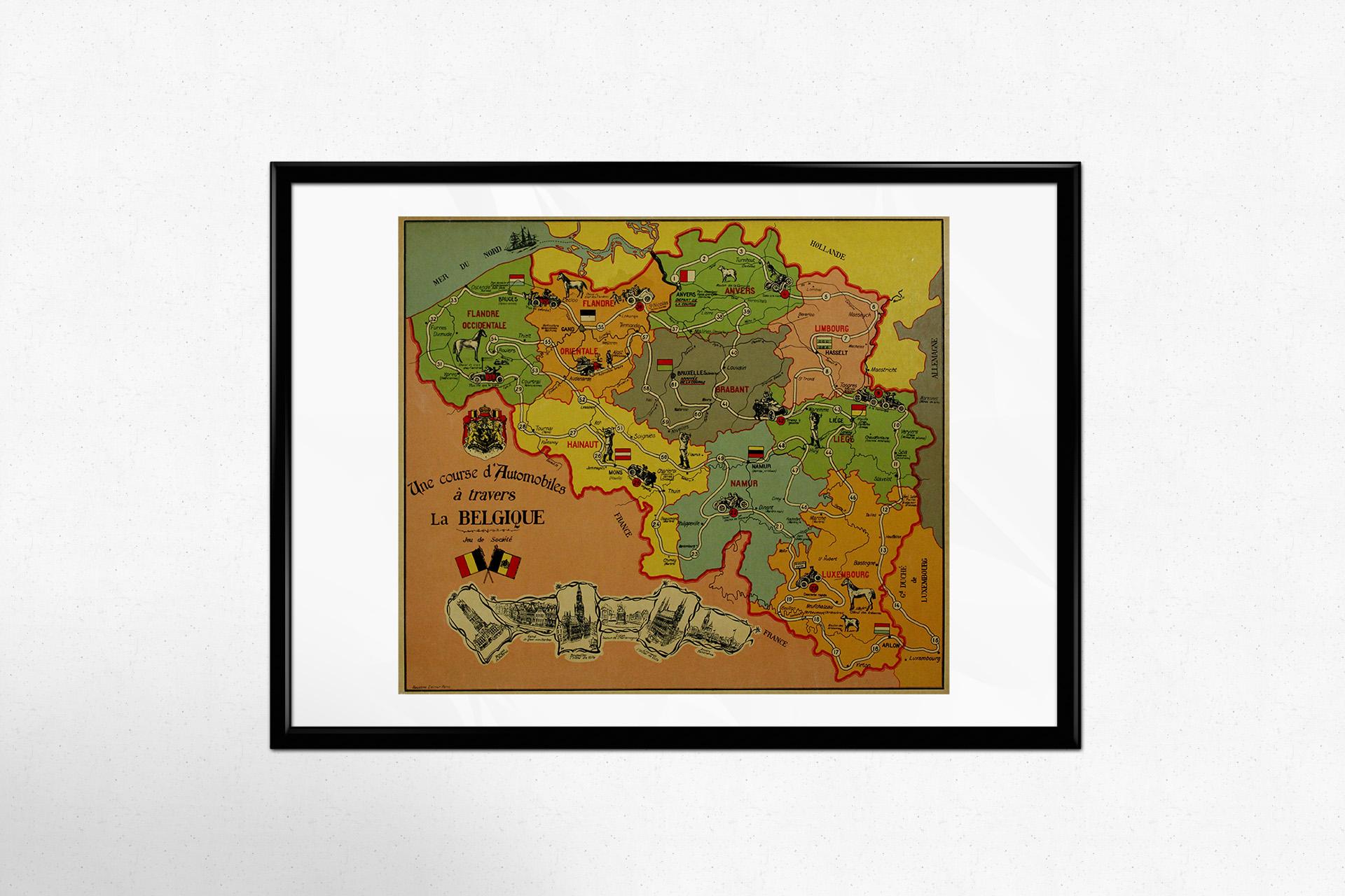 1937 original poster designed as a board game - automobile race across Belgium For Sale 2
