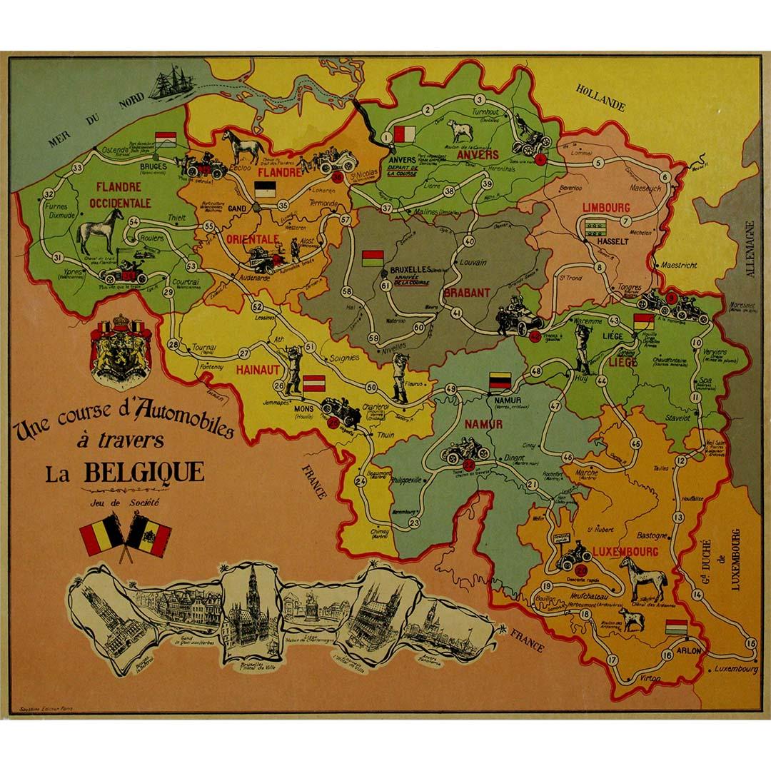 1937 original poster designed as a board game - automobile race across Belgium - Print by Unknown