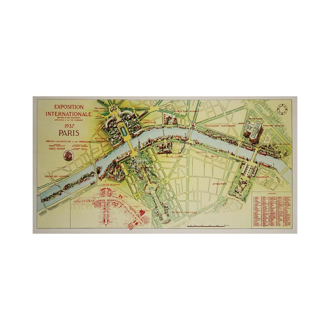 Dieses Originalplakat aus dem Jahr 1937 zeigt eine detaillierte illustrierte Karte der Exposition Internationale des Arts et Techniques dans la Vie Moderne, die in Paris stattfand. Die Weltausstellung, die von Mai bis November 1937 stattfand, war
