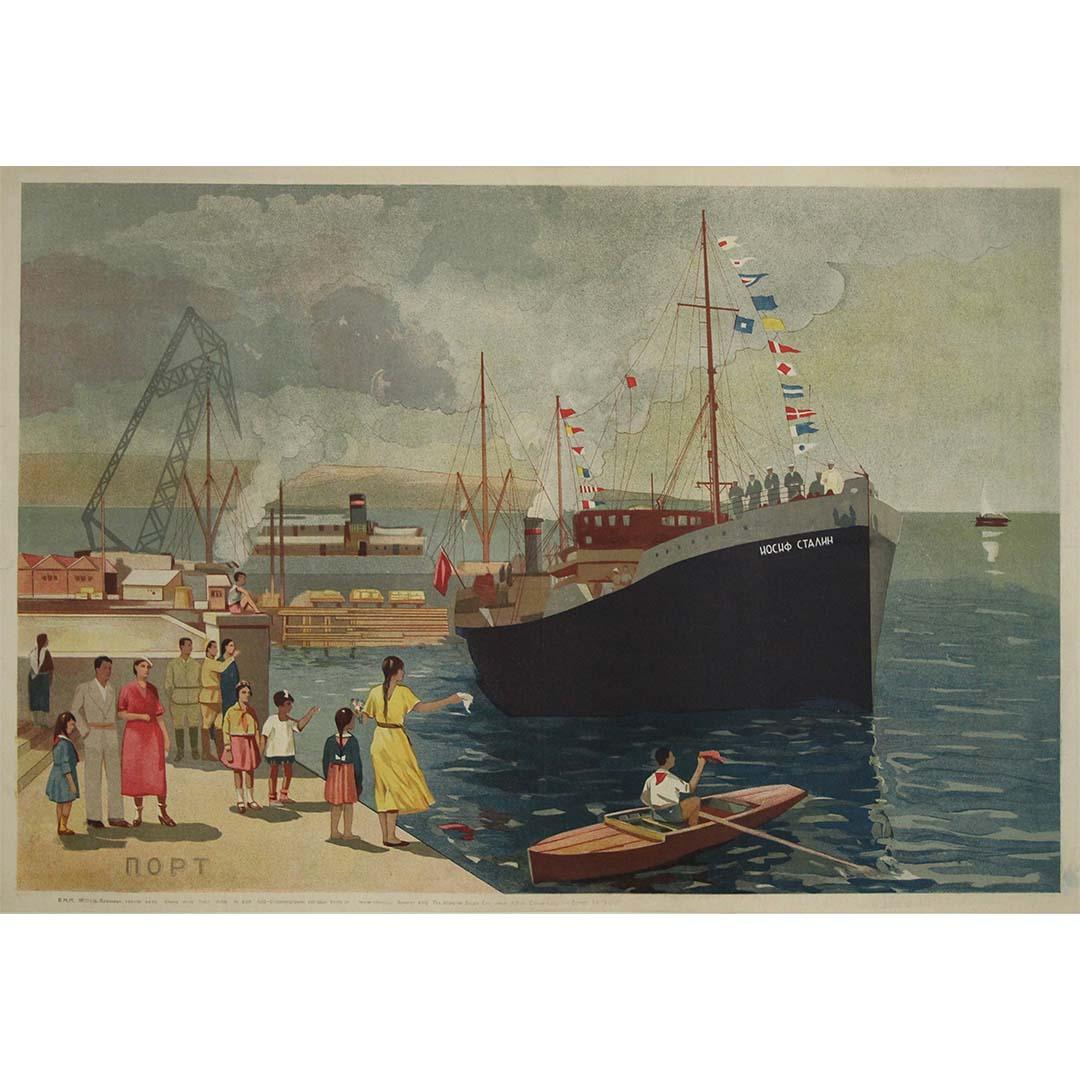 Unknown Print - 1938 Original Soviet Maritime Poster “Le Port - Joseph Staline”