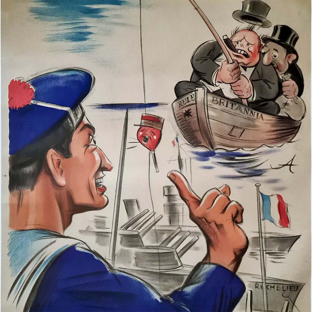 1940 original political WWII caricatural poster - Winston Churchill - Dakar For Sale 1