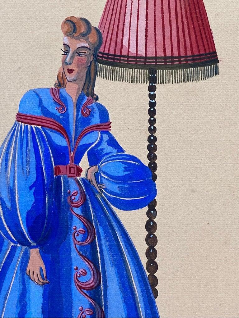 Illustrazione di moda degli anni '40, signora in abito blu brillante, scena d'interni - Print di Unknown