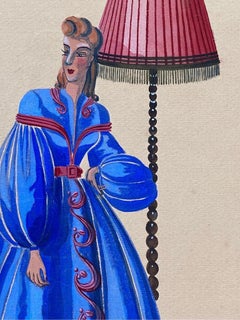 1940's Fashion Illustration, Lady In Bright Blue Puffy Dress, Innenszene