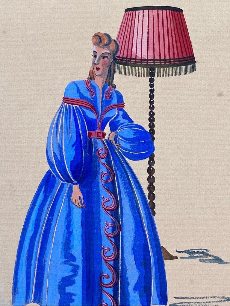 Design di moda anni '40 molto elegante, unico e originale dell'illustratrice francese Geneviève Thomas.

Il dipinto, eseguito a guazzo e matita, è a doppia faccia.

Il disegno è originale, vintage e misura 10,75 x 8,75 pollici senza cornice. Si