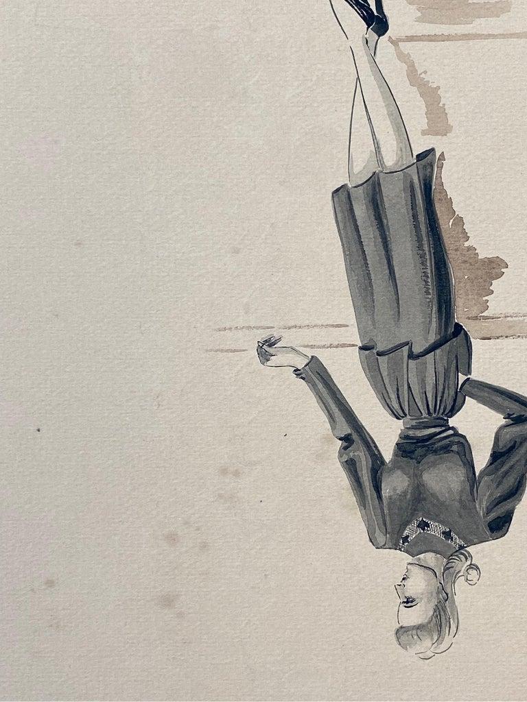 Illustrazione di moda degli anni '40, signora in abito blu brillante, scena d'interni in vendita 1