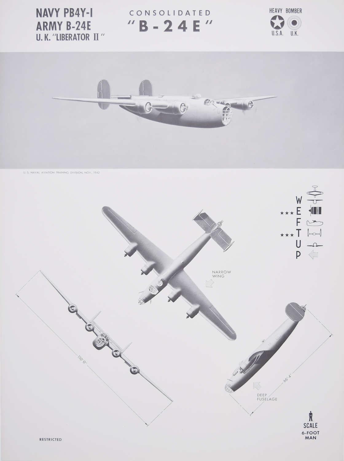 1942 "B24 E" "Liberator II" heavy bomber aeroplane identification poster WW2 - Print by Unknown