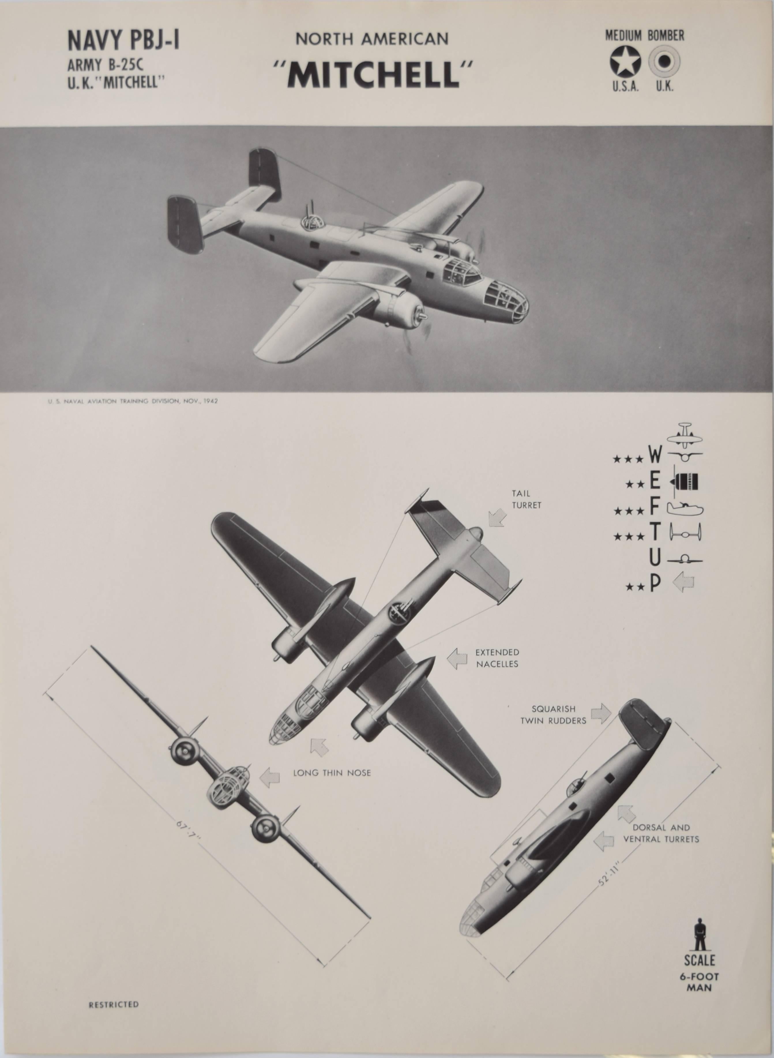 1942 B-25 Mitchell bomber aeroplane recognition poster World War II 2 warbird