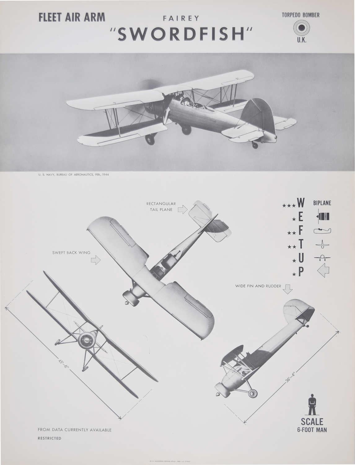 1942 Fairey Swordfish Torpedo Bomber aeroplane identification poster WW2 Bismark - Print by Unknown