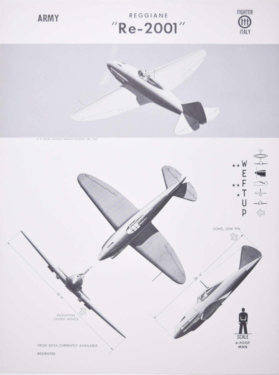 Affiche d'identification d'avions de chasseurs de l'armée italienne Reggiane « Re-2001 » datant de 1942, seconde guerre mondiale